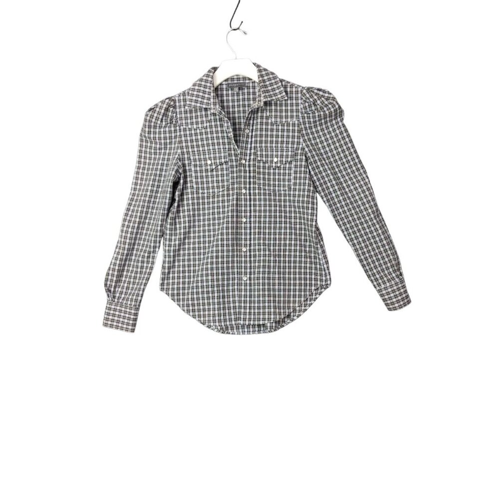 GREYSN Womens Button‎ Top SZ S Pearl Snaps Check Plaid Ruffle Prairie Western